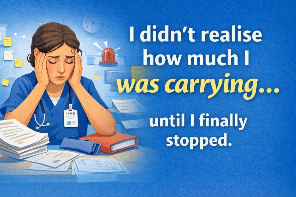 Illustration of a stressed nurse manager in NHS scrubs sitting at a desk with paperwork and sticky notes around her, holding her head in her hands. Text on the image reads: “I didn’t realise how much I was carrying… until I finally stopped.”