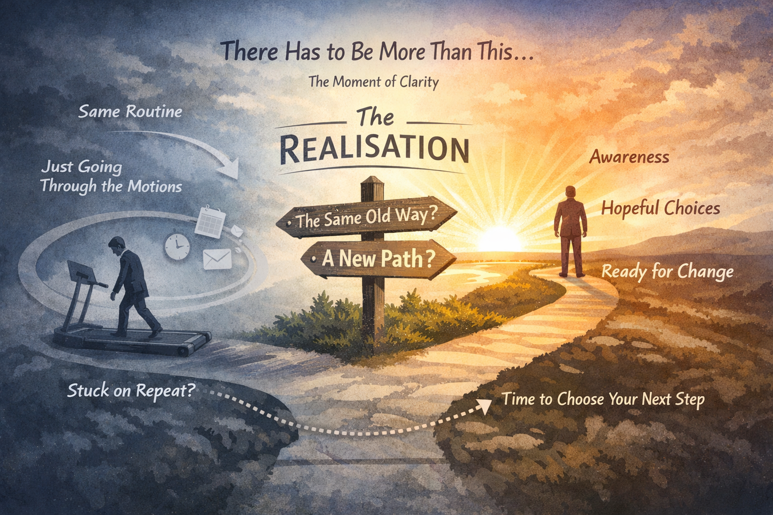 An illustrated scene showing a person at a crossroads. On one side, muted colours depict a repetitive routine with symbols of time, emails, and constant motion. On the other side, warmer light and a sunrise represent awareness, possibility, and a new direction. A signpost highlights the moment of realising that life does not have to stay the same.